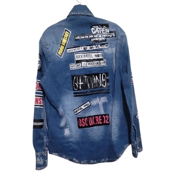 DSQUARED2 Men Printed Graphic Logo Monogram Button Front Denim Shirt Size Large - Picture 5 of 9